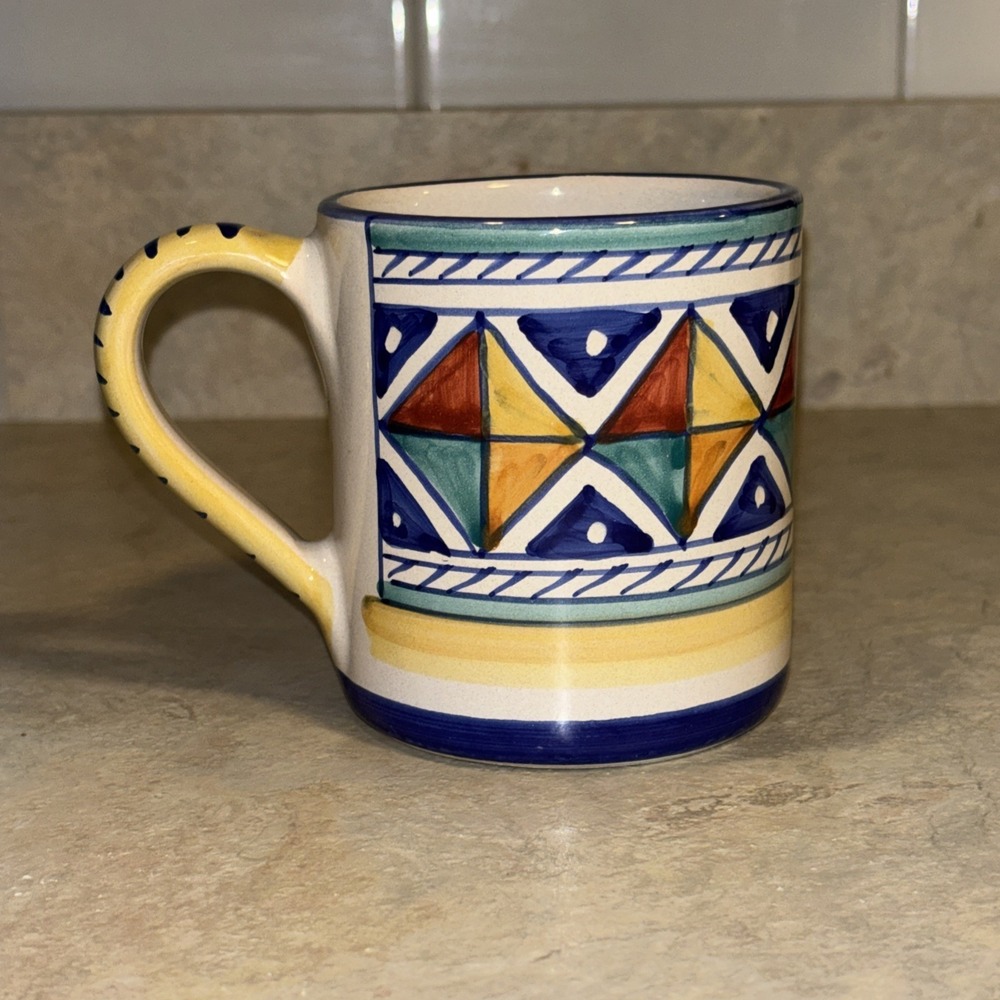 Sberna Deruta Italy Geometric Hand Painted Coffee Mug Cup Ceramic Signed